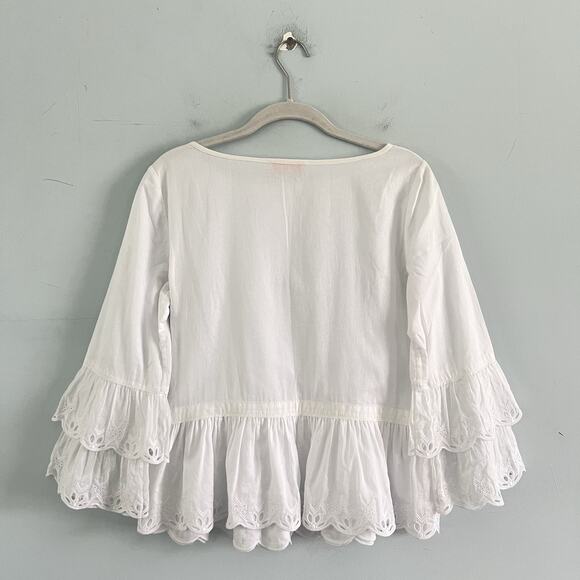 Tory Burch Scallop Hem Eyelet Ruffle White Cotton Blouse - Picture 3 of 6